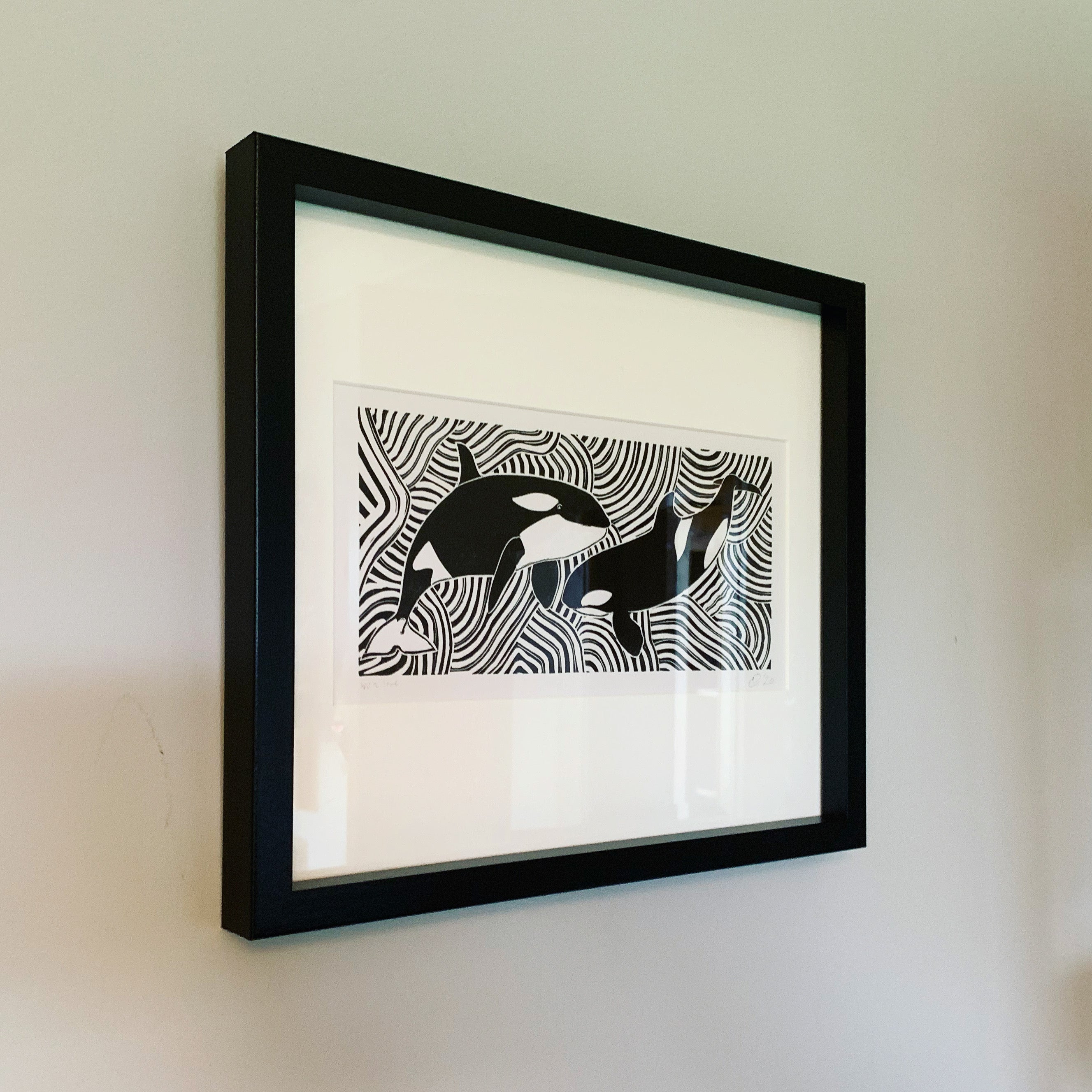 Orcas linocut, Orca art, Original Linocut print, Marine store life art, Unframed print